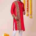Red Rayon Kurta with Multicolor Mirror Embroidery for Navratri Festival