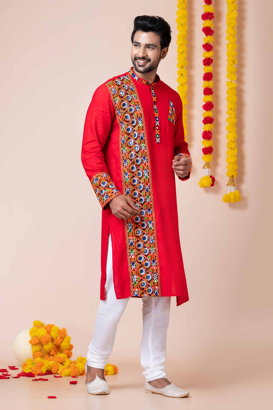 Red Rayon Kurta with Multicolor Mirror Embroidery for Navratri Festival