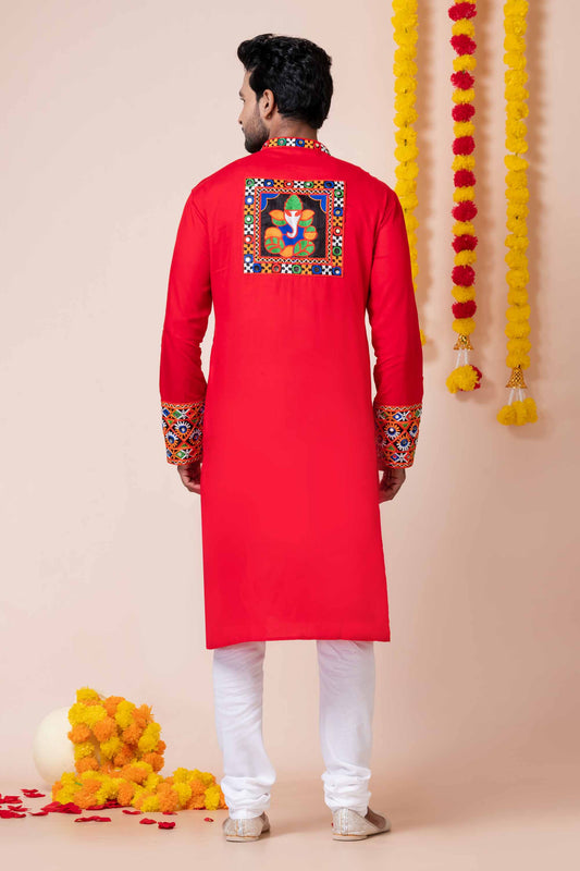 Red Rayon Kurta with Multicolor Mirror Embroidery for Navratri Festival
