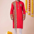 Red Rayon Kurta with Multicolor Mirror Embroidery for Navratri Festival