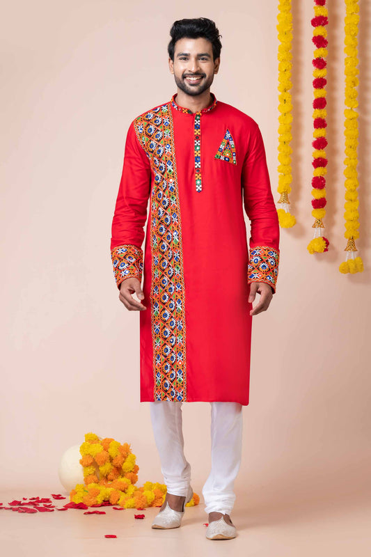 Red Rayon Kurta with Multicolor Mirror Embroidery for Navratri Festival