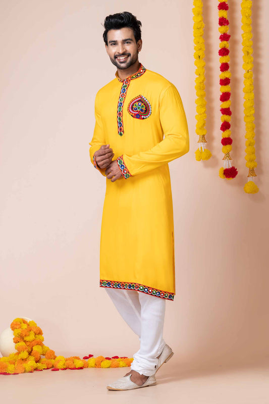 Yellow Rayon Kurta with Multicolor Mirror Embroidery for Navratri Festival