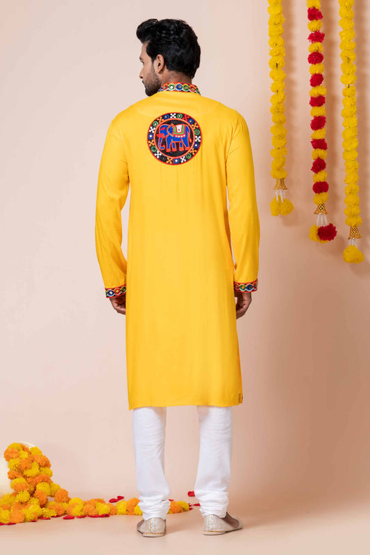 Yellow Rayon Kurta with Multicolor Mirror Embroidery for Navratri Festival