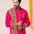 Hot Pink Rayon Kurta with Multicolor Mirror Embroidery for Navratri Festival
