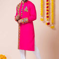 Hot Pink Rayon Kurta with Multicolor Mirror Embroidery for Navratri Festival