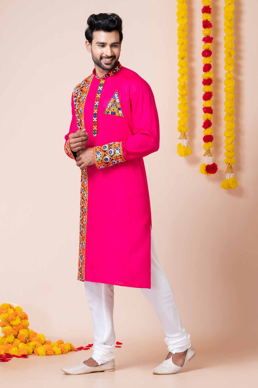 Hot Pink Rayon Kurta with Multicolor Mirror Embroidery for Navratri Festival