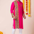 Hot Pink Rayon Kurta with Multicolor Mirror Embroidery for Navratri Festival