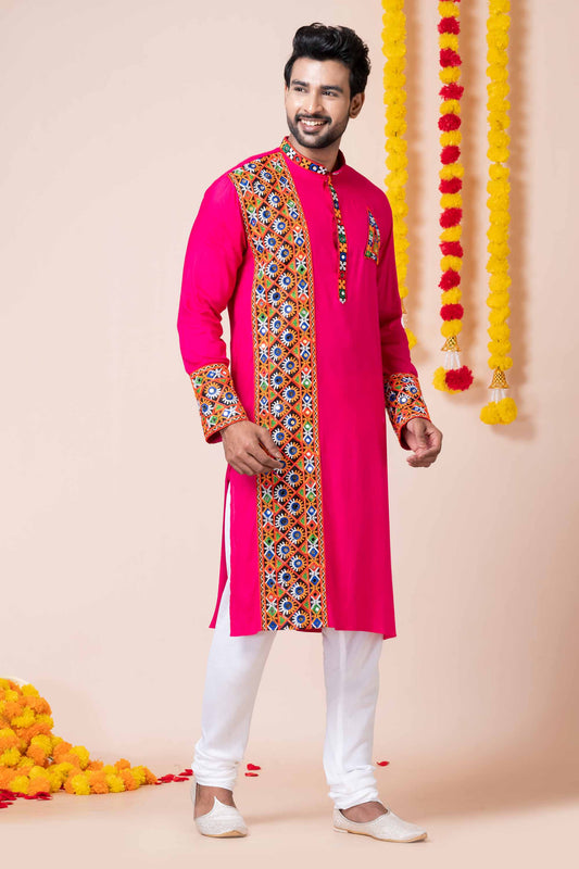 Hot Pink Rayon Kurta with Multicolor Mirror Embroidery for Navratri Festival