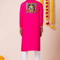 Hot Pink Rayon Kurta with Multicolor Mirror Embroidery for Navratri Festival