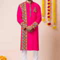 Hot Pink Rayon Kurta with Multicolor Mirror Embroidery for Navratri Festival