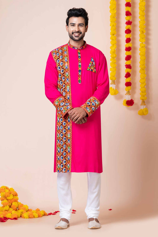 Hot Pink Rayon Kurta with Multicolor Mirror Embroidery for Navratri Festival