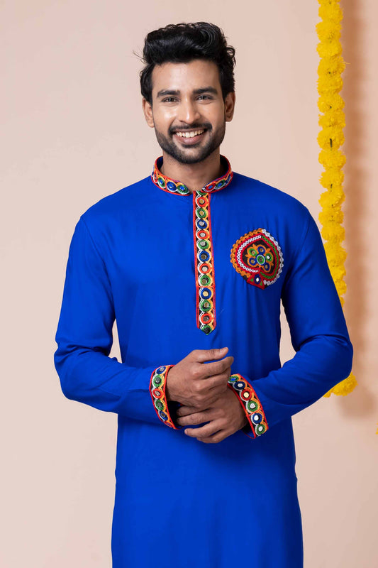 Royal Blue Rayon Kurta with Multicolor Mirror Embroidery for Navratri Festival