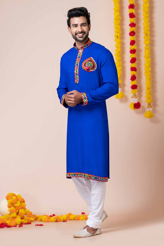 Royal Blue Rayon Kurta with Multicolor Mirror Embroidery for Navratri Festival