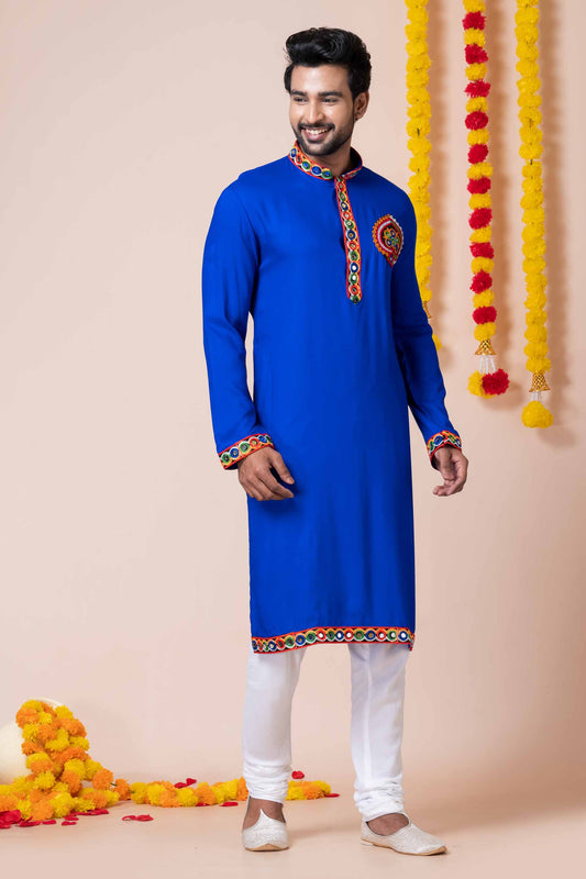 Royal Blue Rayon Kurta with Multicolor Mirror Embroidery for Navratri Festival
