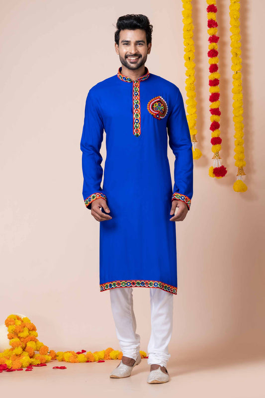 Royal Blue Rayon Kurta with Multicolor Mirror Embroidery for Navratri Festival