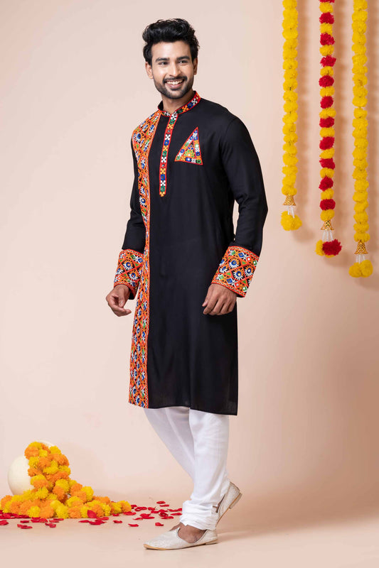 Black Rayon Kurta with Multicolor Mirror Embroidery for Navratri Festival