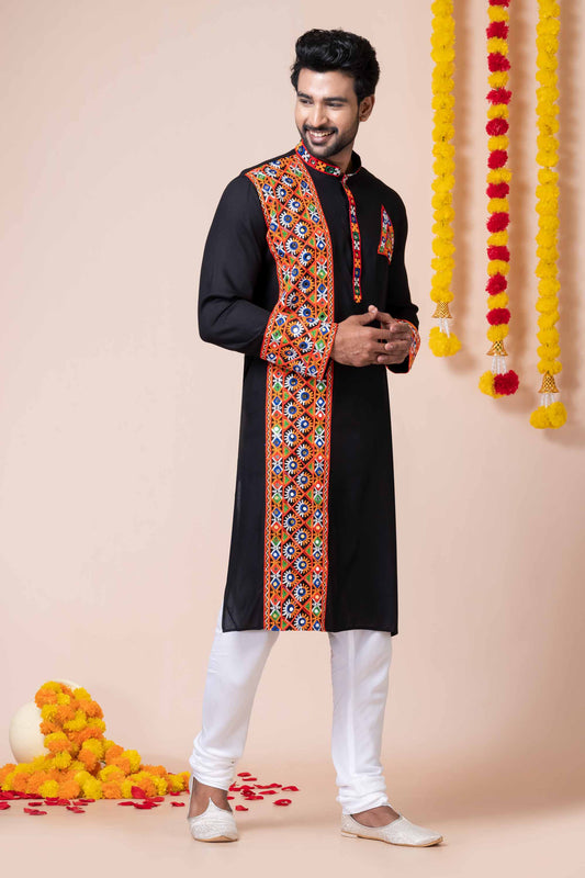 Black Rayon Kurta with Multicolor Mirror Embroidery for Navratri Festival