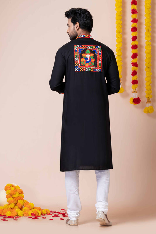 Black Rayon Kurta with Multicolor Mirror Embroidery for Navratri Festival