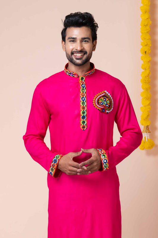Lovely Pink Rayon Kurta Pajama Set with Multicolor Mirror Embroidery for Navratri
