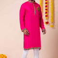 Lovely Pink Rayon Kurta Pajama Set with Multicolor Mirror Embroidery for Navratri