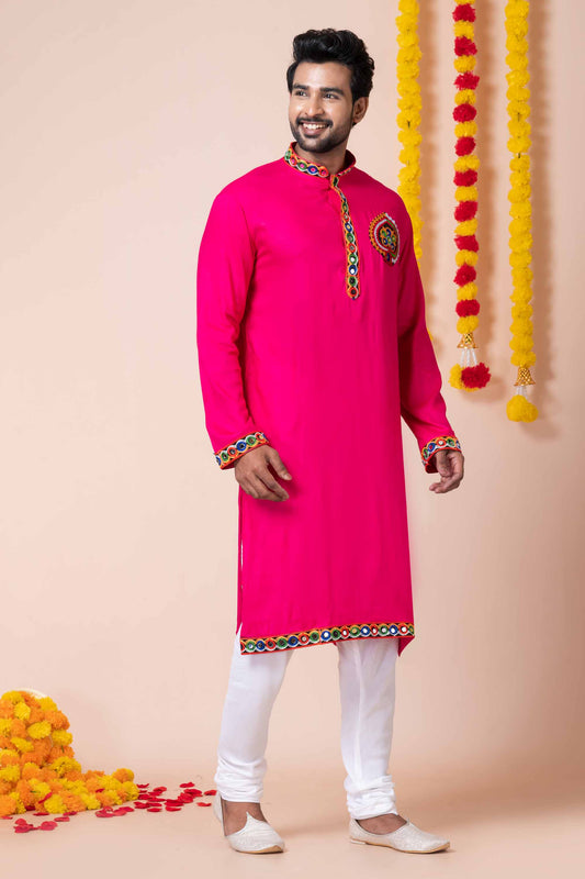 Lovely Pink Rayon Kurta Pajama Set with Multicolor Mirror Embroidery for Navratri