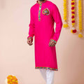 Lovely Pink Rayon Kurta Pajama Set with Multicolor Mirror Embroidery for Navratri