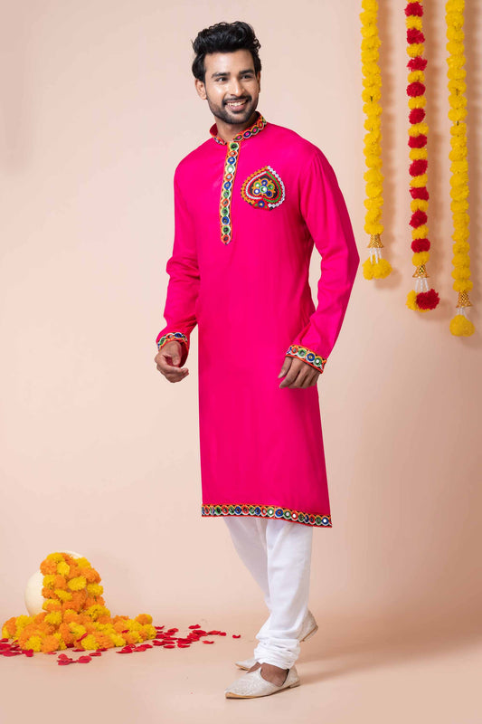 Lovely Pink Rayon Kurta Pajama Set with Multicolor Mirror Embroidery for Navratri