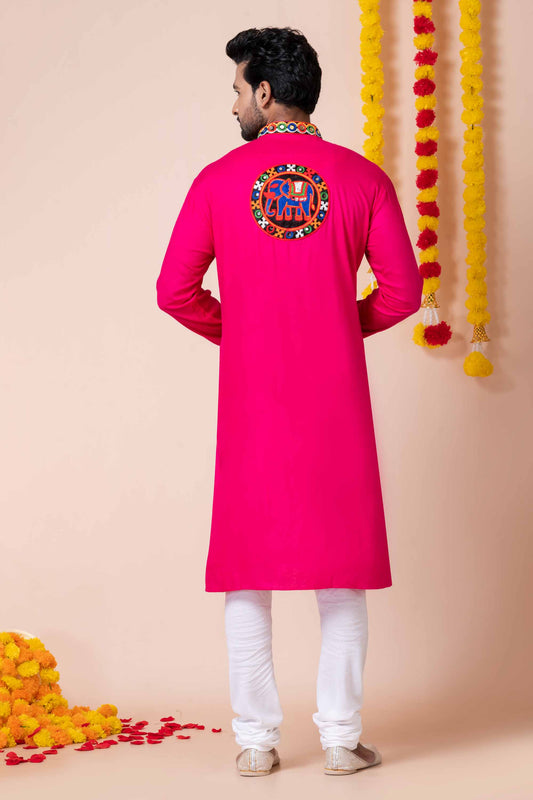Lovely Pink Rayon Kurta Pajama Set with Multicolor Mirror Embroidery for Navratri