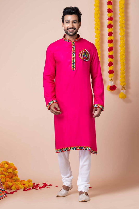 Lovely Pink Rayon Kurta Pajama Set with Multicolor Mirror Embroidery for Navratri