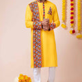 Stylish Yellow Rayon Kurta Pajama Set with Multicolor Mirror Embroidery for Navratri