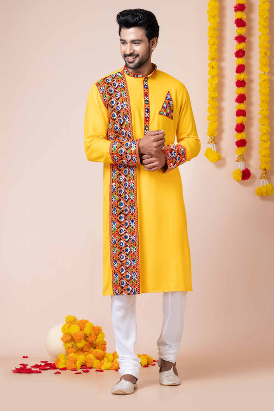 Stylish Yellow Rayon Kurta Pajama Set with Multicolor Mirror Embroidery for Navratri