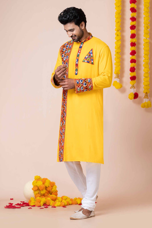 Stylish Yellow Rayon Kurta Pajama Set with Multicolor Mirror Embroidery for Navratri