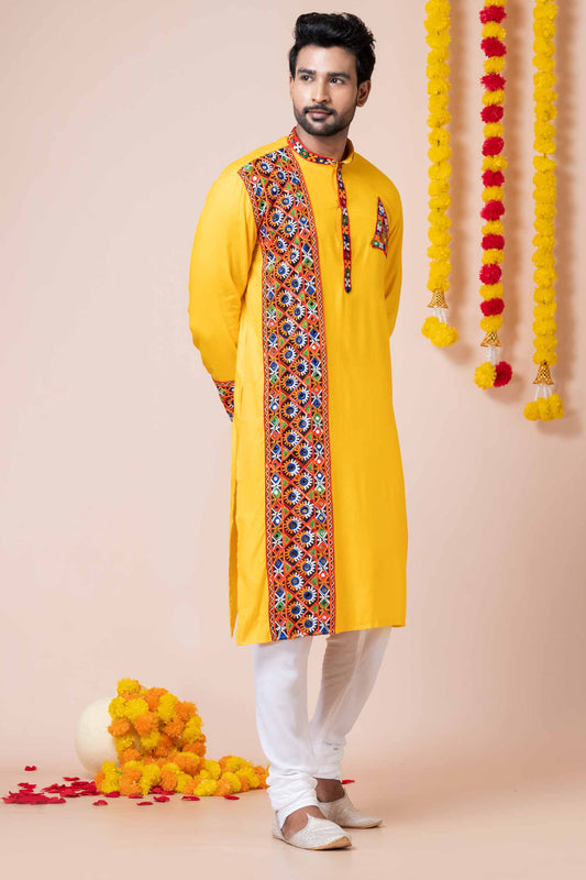 Stylish Yellow Rayon Kurta Pajama Set with Multicolor Mirror Embroidery for Navratri