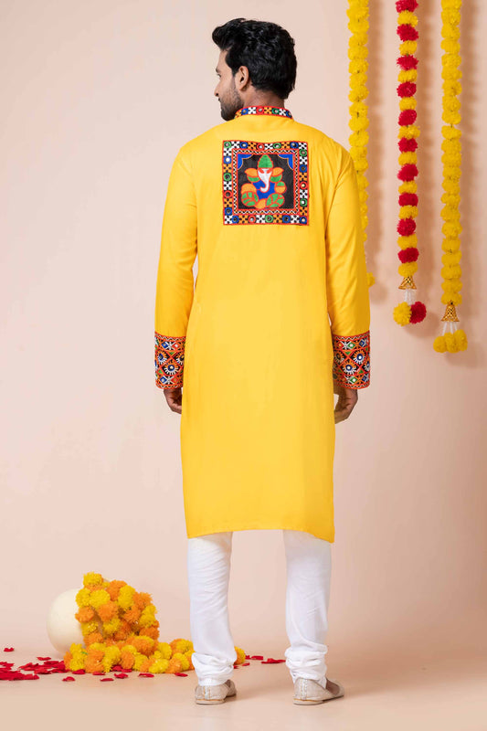 Stylish Yellow Rayon Kurta Pajama Set with Multicolor Mirror Embroidery for Navratri