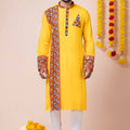 Stylish Yellow Rayon Kurta Pajama Set with Multicolor Mirror Embroidery for Navratri