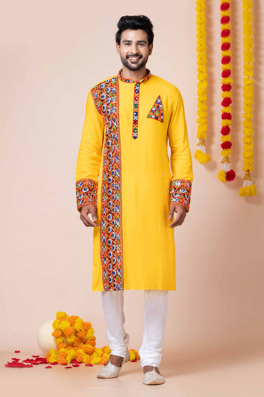 Stylish Yellow Rayon Kurta Pajama Set with Multicolor Mirror Embroidery for Navratri