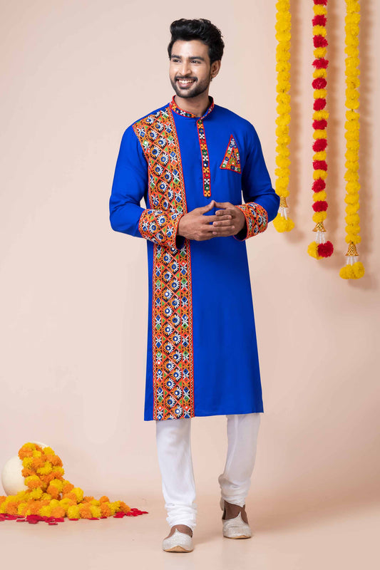 Latest Blue Embroidered Kurta Pajama Set for Men with Multicolor Mirror Work