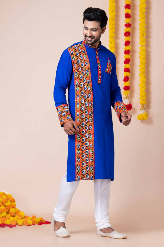 Latest Blue Embroidered Kurta Pajama Set for Men with Multicolor Mirror Work