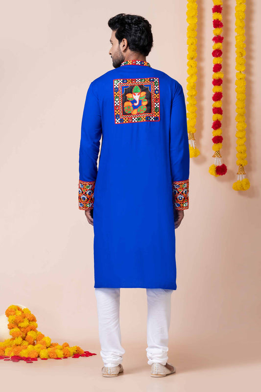 Latest Blue Embroidered Kurta Pajama Set for Men with Multicolor Mirror Work
