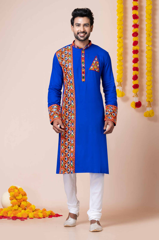 Latest Blue Embroidered Kurta Pajama Set for Men with Multicolor Mirror Work