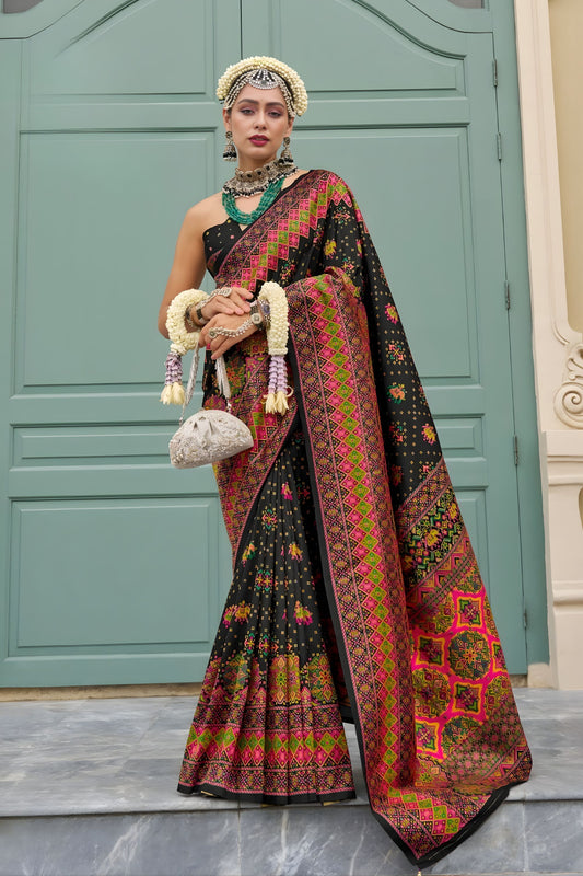 Luxury Black Banarasi Meenakari Print Silk Saree for Wedding