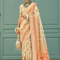 Traditional Cream Banarasi Meenakari Print Silk Saree for Wedding