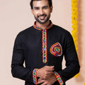 Trendy Black Rayon Kurta Pajama Set for Men with Multicolor Mirror Embroidery
