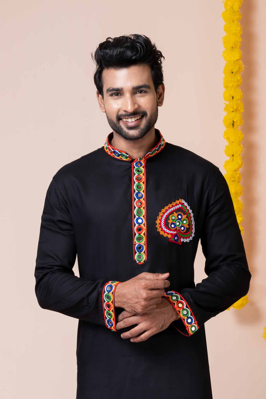 Trendy Black Rayon Kurta Pajama Set for Men with Multicolor Mirror Embroidery