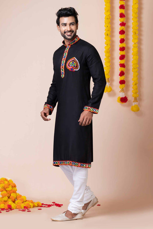 Trendy Black Rayon Kurta Pajama Set for Men with Multicolor Mirror Embroidery