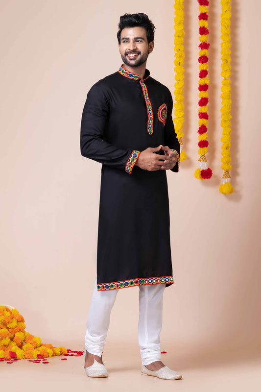 Trendy Black Rayon Kurta Pajama Set for Men with Multicolor Mirror Embroidery