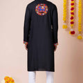 Trendy Black Rayon Kurta Pajama Set for Men with Multicolor Mirror Embroidery