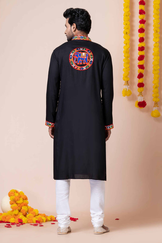 Trendy Black Rayon Kurta Pajama Set for Men with Multicolor Mirror Embroidery