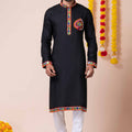 Trendy Black Rayon Kurta Pajama Set for Men with Multicolor Mirror Embroidery