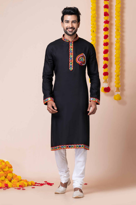 Trendy Black Rayon Kurta Pajama Set for Men with Multicolor Mirror Embroidery